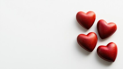 Fototapeta premium Three matte red heart-shaped stones arranged neatly on a matte white background, with ample copy space for text, top view.
