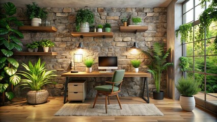 cozy home office space with natural stone wall and reclaimed wood desk amidst lush greenery and soft warm lighting wall copy space