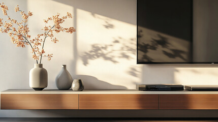 A modern minimalist Scandinavian interior in a living room with a television and wood cabinet. Generative AI
