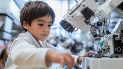A child astronaut using robotic arms to perform maintenance on a satellite, demonstrating skills akin to those of adult astronauts.