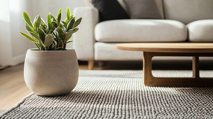 Modern interior. This is a close-up photo of a small table and flower pot as Scandinavian interior accessories.
