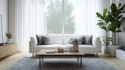 Fototapeta premium A house or apartment living room with large windows and white curtains. A photo of a white-toned minimalist Century Modern interior with a sofa and table. Generative AI 