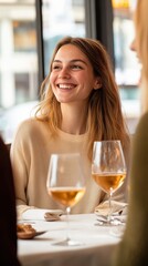 friends celebrating a special occasion at a stylish restaurant, with elegant table settings and lively conversation, capturing the joy of shared moments