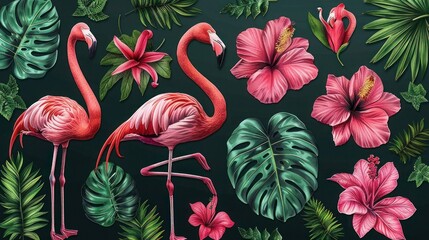 Summer Flamingo Sticker Set with Aloha Lettering and Leaves - Vector Illustration for T-Shirt Design