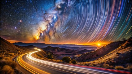 Fototapeta premium Cosmic Oasis Celestial Highway Vibrant Colors WarmTones Moody Landscape AmbientLight SlowShutter Speed Panning Mode Capturing Celestial Movement Trails