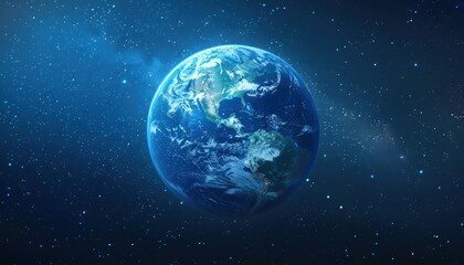 A blue and white globe emoji, showing detailed continents, set against a starry night sky with distant galaxies.