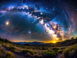 Galactic Odyssey Cosmic Quest Dramatic Colors Moody Landscape FastShutter Speed Panorama Mode Capturing Breathtaking Celestial Landscapes Starry Journeys
