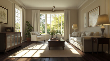 A mid-century modern interior photo of a living room with an art frame hanging from it and a sofa, table, and interior accessories. Generative AI
