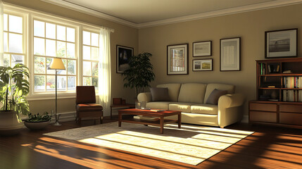 A mid-century modern interior photo of a living room with an art frame hanging from it and a sofa, table, and interior accessories. Generative AI
