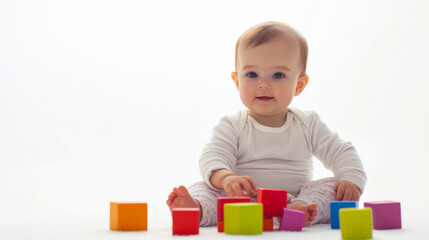 A playful baby explores colorful building blocks on a bright, soft background during a sunny afternoon indoors