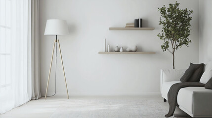 A living room photo of a combination of Scandinavian interiors and japandi interiors in a white-finished living room with a sofa and shelf. Generative AI
