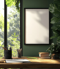A hyper-realistic digital mockup of a modern home office, featuring an empty black frame on the wall. The office includes a sleek wooden desk adorned with neatly arranged stationery and books. 