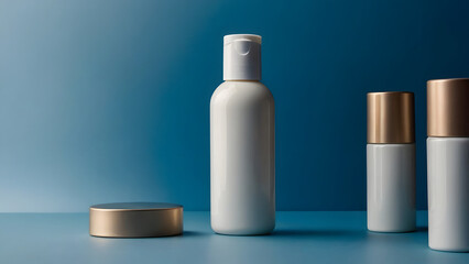 Several white bottles for cosmetic products skin care white opaque bottle on blue background