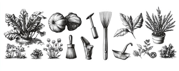 Vintage engraved illustration of gardening themes, featuring tools and plants, with intricate details on a white background Antique and high detail