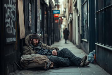 Selective focus homeless man on the street, Portrait homeless man in the alley.