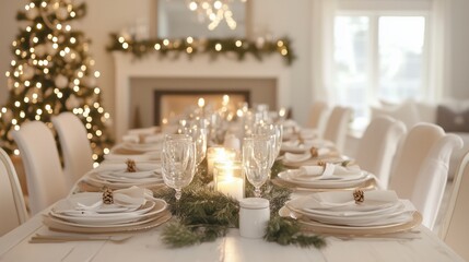 A Christmas dinner table is set, creating a warm and inviting atmosphere.