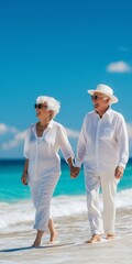 A couple of older people are walking on the beach, enjoying the beautiful blue ocean. They are both wearing white clothing and hats, and one of them is wearing sunglasses