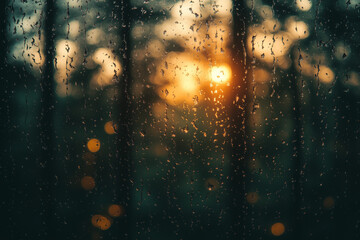 Selective glass of window with raining view and bokeh light from sunrise, Outdoor view in local wooden cottage in forest.