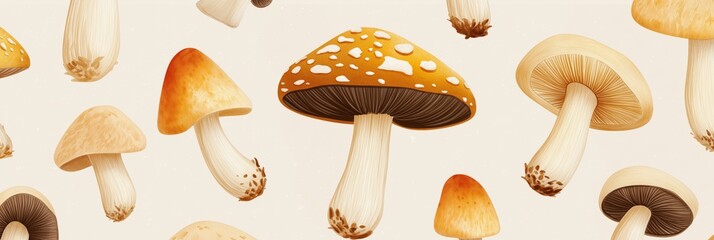 A painting of various mushrooms with a white background. The mushrooms are of different sizes and colors, with some being larger and others smaller. The painting has a whimsical and playful feel to it