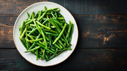Plate of seasoned steamed green beans is placed on a rustic wooden table