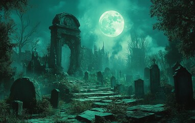 Ancient graveyard under a full moon, cracked tombstones, eerie green glow, ghostly figures in the mist, high detail, gothic and macabre