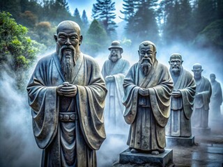 Naklejka premium Weathered stone statues of wise historical figures, cloaked in misty fog, representing timeless wisdom and moral guidance.