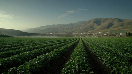 Naklejka premium Large sprinklers deliver fresh water to vibrant potato fields, enhancing crop growth and ensuring healthy plants in sunny weather