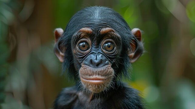 Bonobo Pan Paniscus Close-Up Portrait on Green Natural Background in Democratic Republic of Congo, Africa