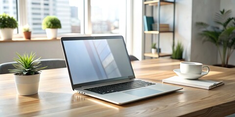 Fototapeta premium A modern, sleek laptop open on a desk with a website design mockup on the screen, showcasing a clean and minimalist digital interface template.