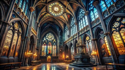 Obraz premium Gothic architectural scenes featuring grand cross-wings cathedrals with intricate stone carvings and mysterious stained-glass windows in a dark haunting atmosphere.