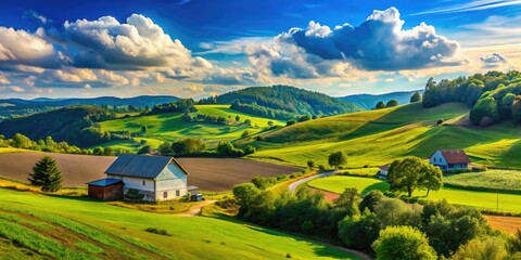 Obraz premium early afternoon bright blue sky rolling hillsides simple rural life carefree atmosphere