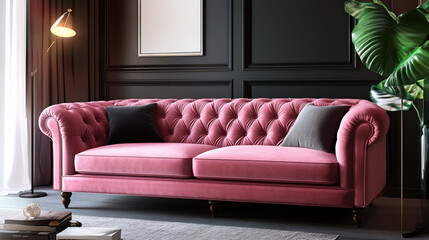 Photographed a pink sofa in a living room finished with a mid century modern interior. Generative AI
