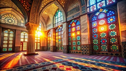 Obraz premium intricate geometric patterns ornate Islamic architecture warm afternoon sunlight filtered through stained glass windows spiritual contemplation peaceful atmosphere devotional labor