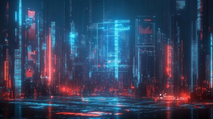 Naklejka premium A mesmerizing glimpse into a futuristic city, illuminated by vibrant holographic displays and glowing skyscrapers, creating a digital utopia.