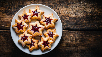 Fototapeta premium Delightful display of star-shaped christmas linzer cookies with red jam filling on a charming wooden backdrop