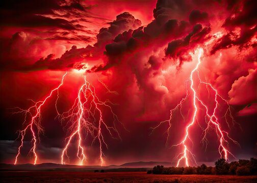 bloody red thunderstorm skies with electrifying bolts illuminating dark misty landscapes eerie mysterious mood high contrast monochrome tones smooth focus selective
