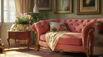 Minimalist, French living room interiors with pink sofas. Generative AI
