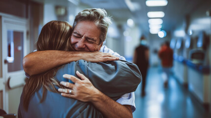 A heartfelt embrace between a nurse and a patient in a hospital corridor during early evening hours