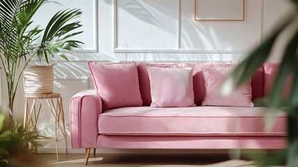 Mid-Century Modern interiors in the living room with white walls and pink sofas and pots. Generative AI
