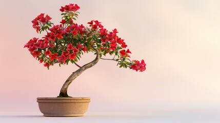 A bonsai tree with a gracefully curving trunk and vibrant red flowers, set in a rustic clay pot, isolated against a soft pastel background.