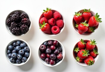 Various Berries in Bowls | Isolated on Background, Top View