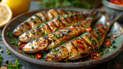 Grilled sardines on a plate with lemon slices