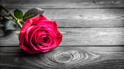 Close up of a vibrant rose on a rustic wooden background in black and white