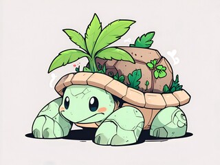 Fototapeta premium Cute Cartoon Turtle with a Tree on Its Back