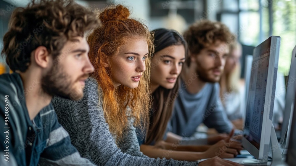 Poster a group of people are sitting in front of a computer monitor
