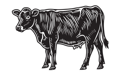  Vintage Engraved Cow Vector Illustration in Woodcut Style with Detailed Black and White Sketch