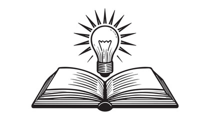  Hand-Drawn Book with Lightbulb Vector Illustration in Black and White Sketch Style