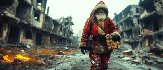 A man dressed as Santa walks through a destroyed city. He is carrying a box and he is in a war zone