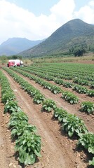 Obraz premium Large sprinklers deliver fresh water to vibrant potato fields, enhancing crop growth and ensuring healthy plants in sunny weather