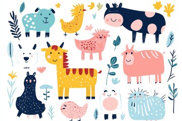 A collection of colorful animals, including cows, sheep, and horses, are smiling and surrounded by foliage